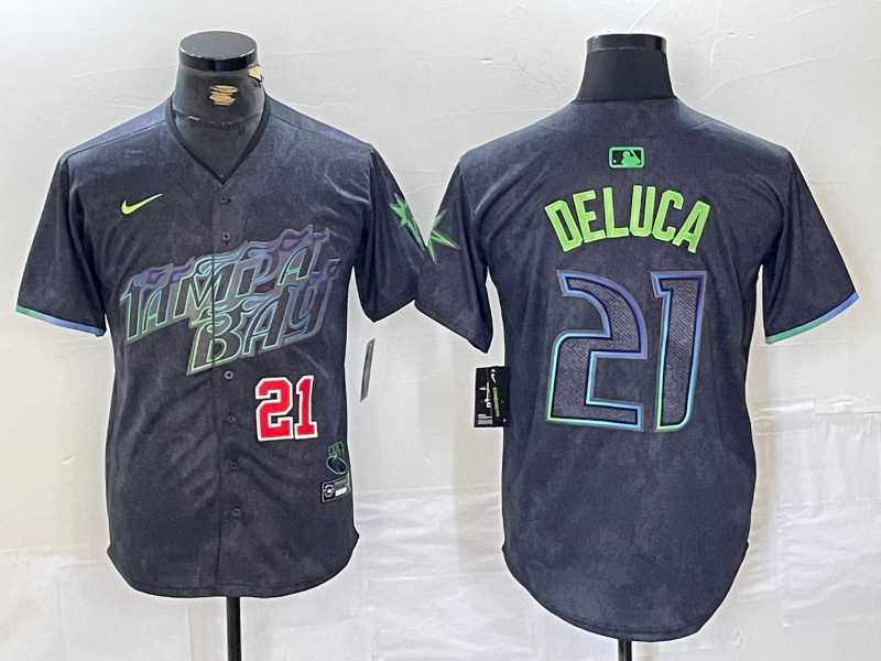 Mens Tampa Bay Rays #21 Jonny DeLuca Number Charcoal 2024 City Connect Limited Stitched Jerseys